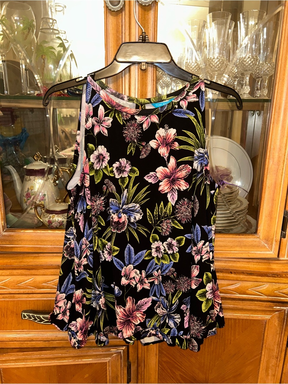 Tori Richard Black Tank Top with Pink, Blue & Green Floral Print
